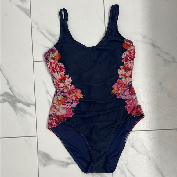 Aqua Rose Navy and Pink Floral One Piece Swimsuit Size M - Picture 1 of 14